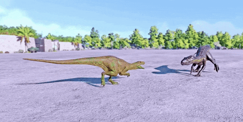 a couple of dinosaurs are standing next to each other on a dirt field .