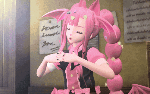 a girl with pink hair is standing in front of a note that says " fever "