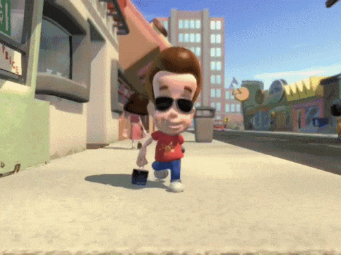 a cartoon character wearing sunglasses is walking down a sidewalk in a city