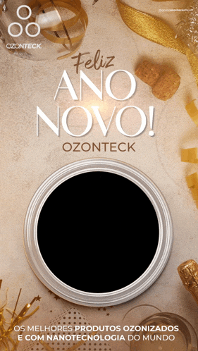 an advertisement for feliz ano novo ozonteck with a black circle in the middle