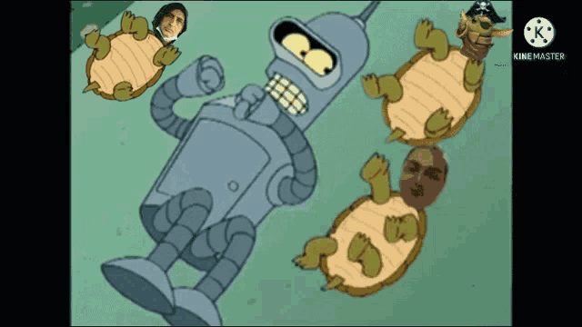 bender from futurama is surrounded by three turtles with faces on their shells