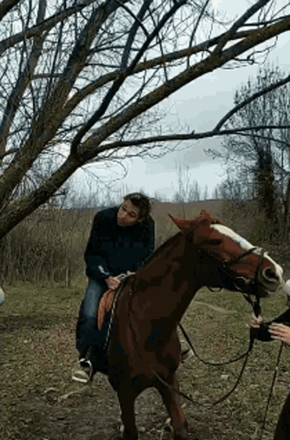 a man riding on the back of a brown horse in a field