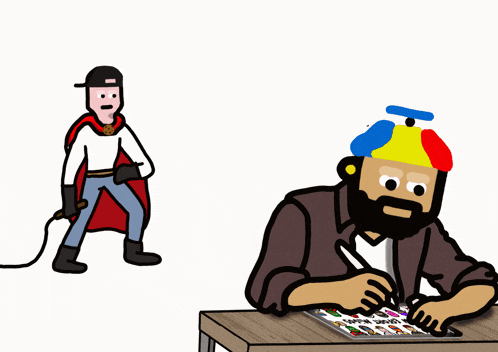 a cartoon drawing of a man with a beard wearing a colorful hat and a cape