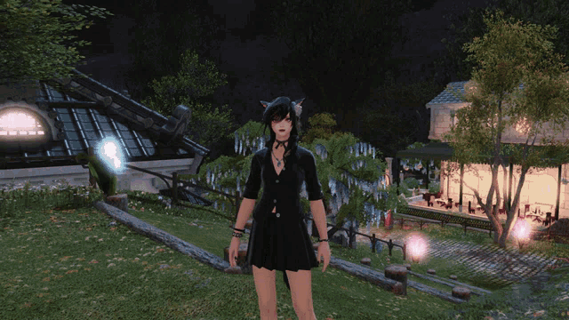 a woman in a black dress with cat ears stands in front of a house