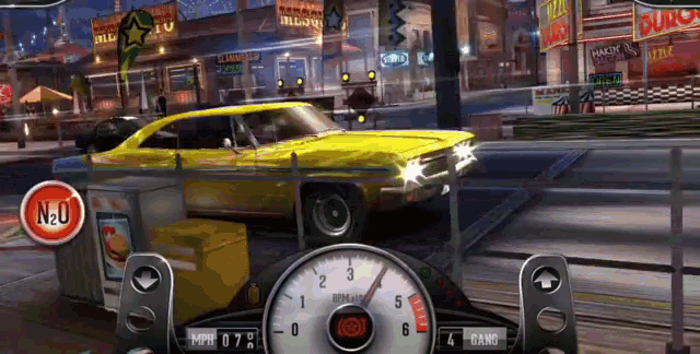 a yellow car is driving down a street in a video game with a n2o sign in the background