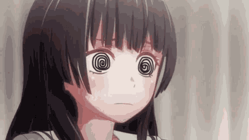 a girl with a spiral in her eyes is looking at the camera with a swirl in her eyes .