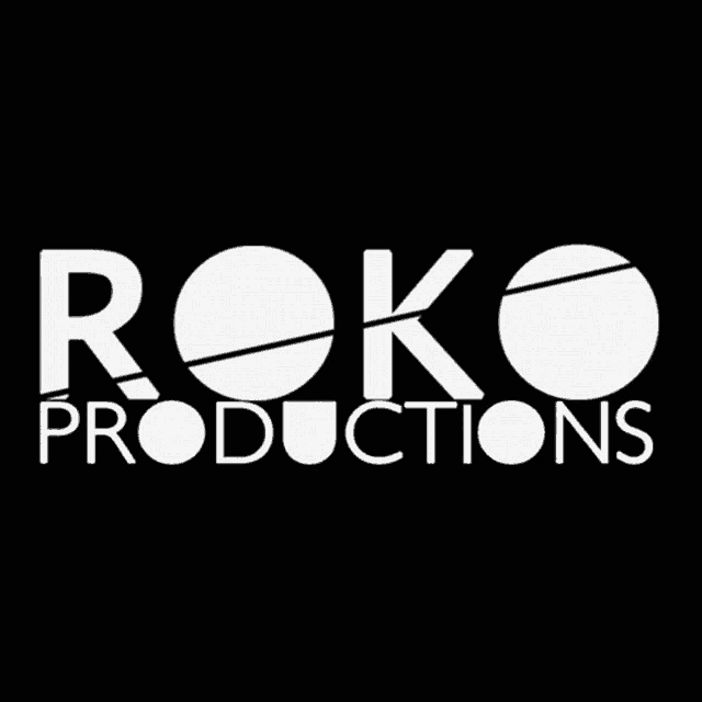 a white logo for roko productions is on a black background
