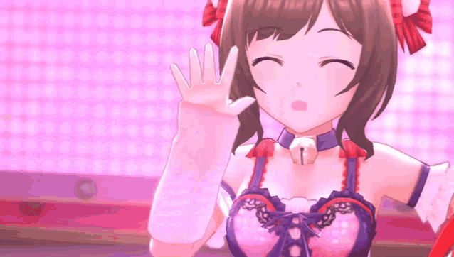 a girl in a pink and purple outfit is waving