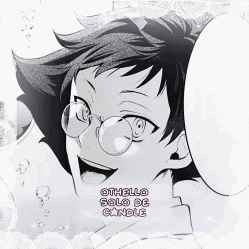 a black and white drawing of a boy with glasses and the words othello solo de candle below it