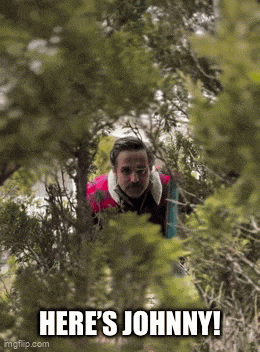 a man in a red jacket is standing in a forest and says here 's johnny !