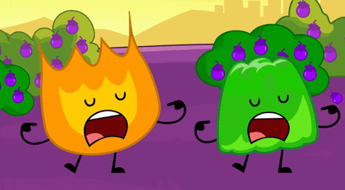 a cartoon drawing of a fire and a broccoli with purple grapes on them