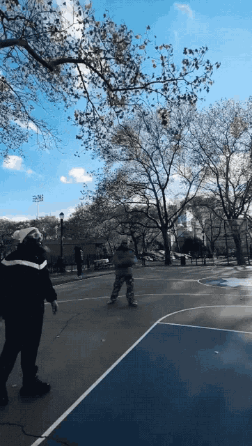 a group of people playing basketball in a park on a sunny day