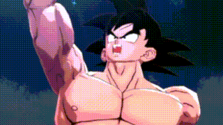 a close up of a cartoon character , goku , raising his arm in the air .