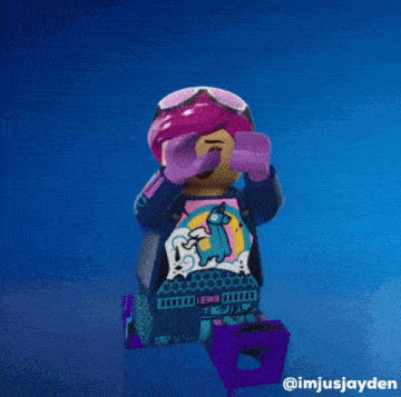 a lego girl with purple hair is surrounded by a rainbow of lights