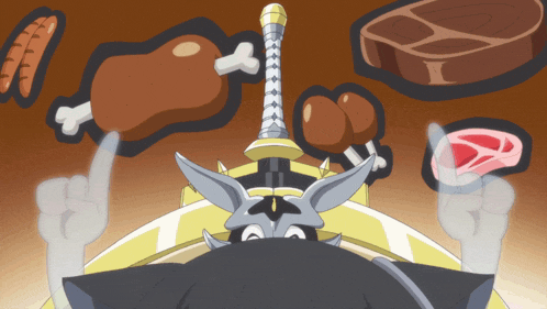 a cartoon character with a sword surrounded by meat and eggs