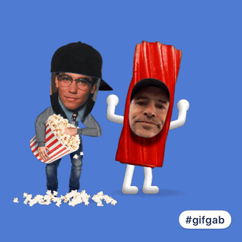 a cartoon of a man eating popcorn next to a man in a candy bar costume