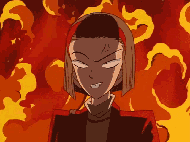 a cartoon of a woman making a funny face in front of flames