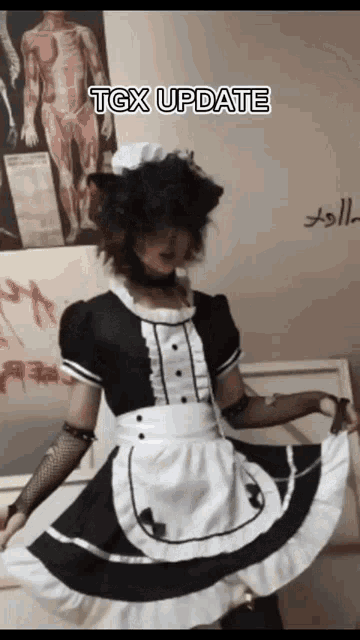 a person dressed in a maid costume with the words tgx update written above them