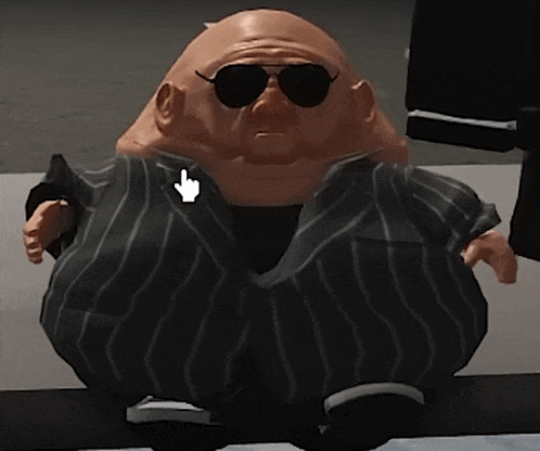 a cartoon character wearing sunglasses and striped pants has a hand pointing up