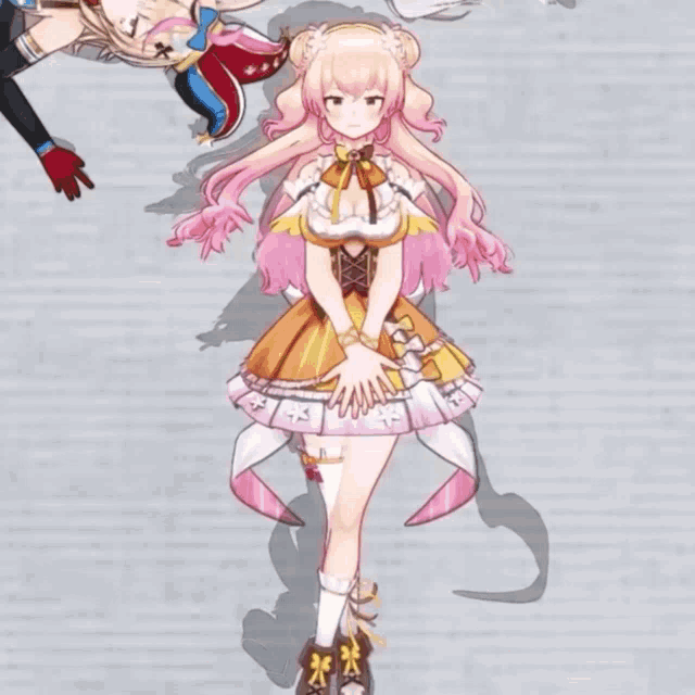 a girl with pink hair and a yellow dress is standing with her hands up