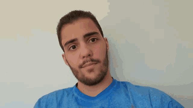 a man with a beard and a blue shirt looks at the camera