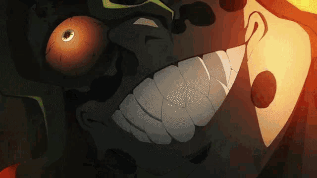 a close up of a cartoon character 's face with a big smile and a big eye .