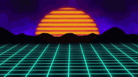 a computer generated image of a sunset over a neon grid .