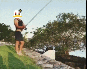 a pixelated image of a man fishing with a duck head