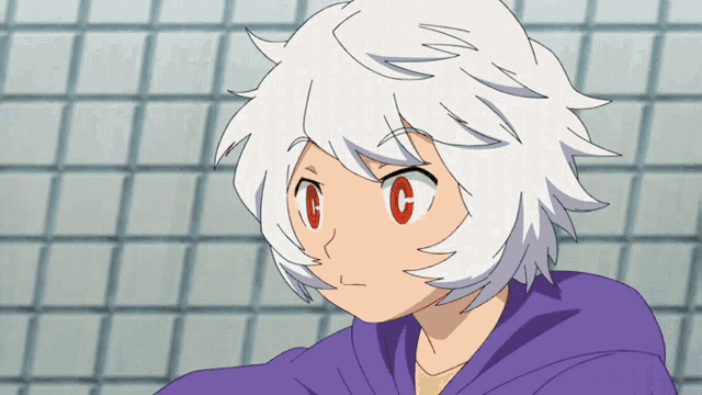 a cartoon character with white hair and red eyes has the letter c on his eyes