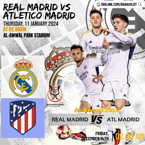 a poster for a soccer game between real madrid and athletico madrid