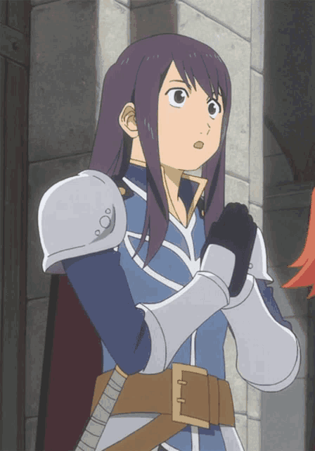 a girl with long purple hair is wearing a knight 's armor