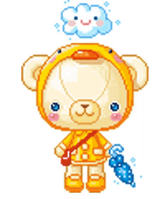 a pixel art of a teddy bear holding a blue windmill
