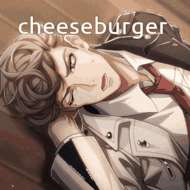 a man in a suit and tie is laying down with the words cheeseburger written above him