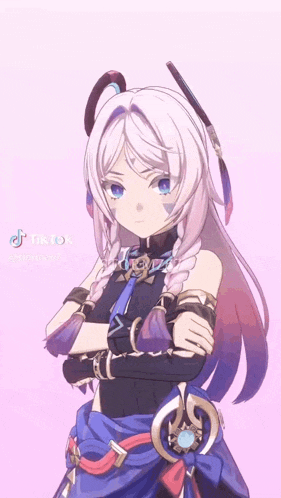 a girl with long white hair is standing with her arms crossed .