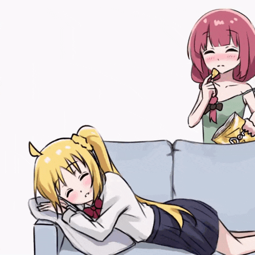 a drawing of a girl laying on a couch next to a girl eating doritos