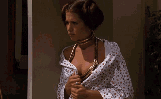 a woman in a bathrobe with a choker on her neck