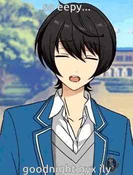 a boy in a school uniform with his eyes closed and his mouth open says goodnight nyx fly .