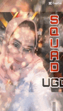 a woman wearing a pink hijab and glasses is surrounded by a capcut logo