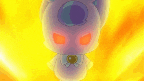 a cartoon character with red eyes and a purple head