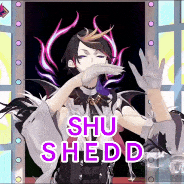 a cartoon character with the name shu shedd written on the bottom