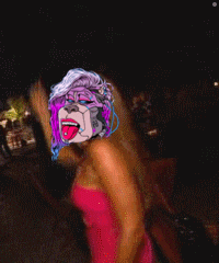 a woman in a pink dress has a cartoon face on her head