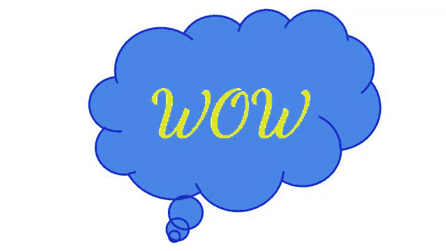 a blue thought bubble with the word wow in yellow