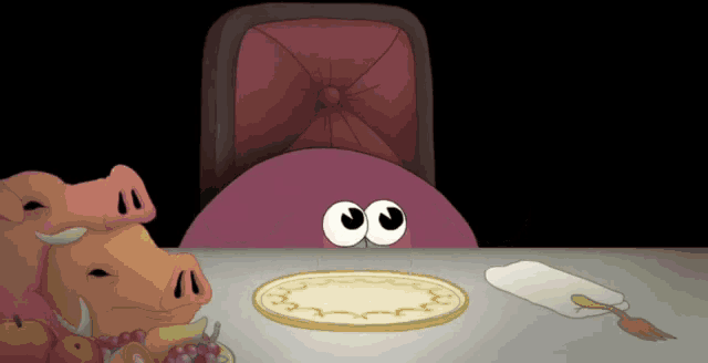 two pigs are sitting at a table with a plate and utensils