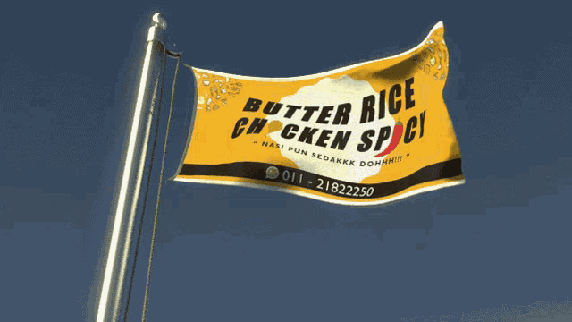 a yellow banner with butter rice chicken spicy on it