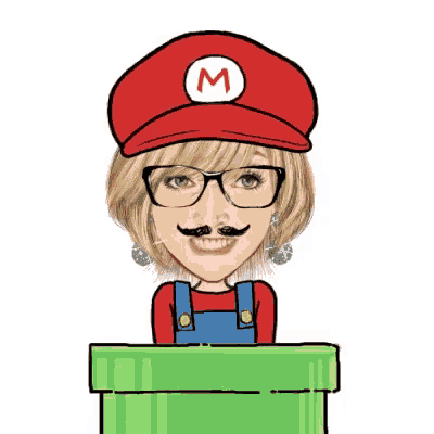 a woman with glasses and a mustache is dressed as mario