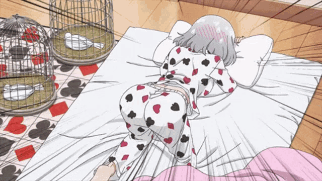 a cartoon of a girl laying on a bed