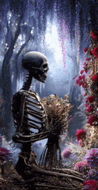 a skeleton holds a bouquet of flowers in a forest