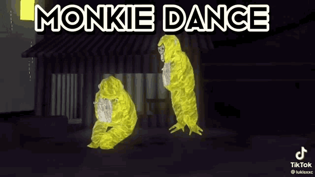 two yellow monkeys are dancing in front of a building with the words monkie dance written above them .