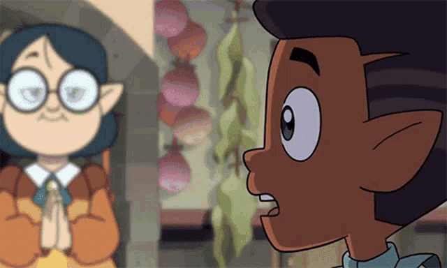 two cartoon characters are looking at each other with one wearing glasses