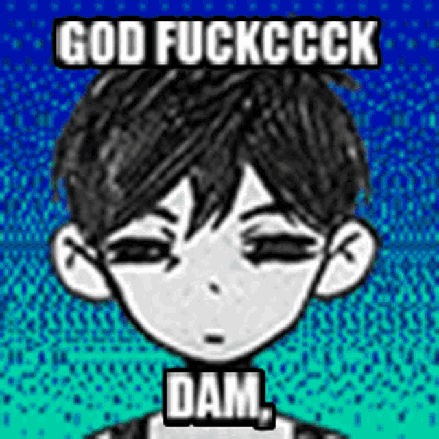 a black and white drawing of a boy with the words god fuckccck dam written above him